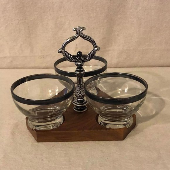 Vintage Distinguished Gifts MCM Silver Rimmed Glass/Wood Condiment Caddy Holder - Picture 4 of 10